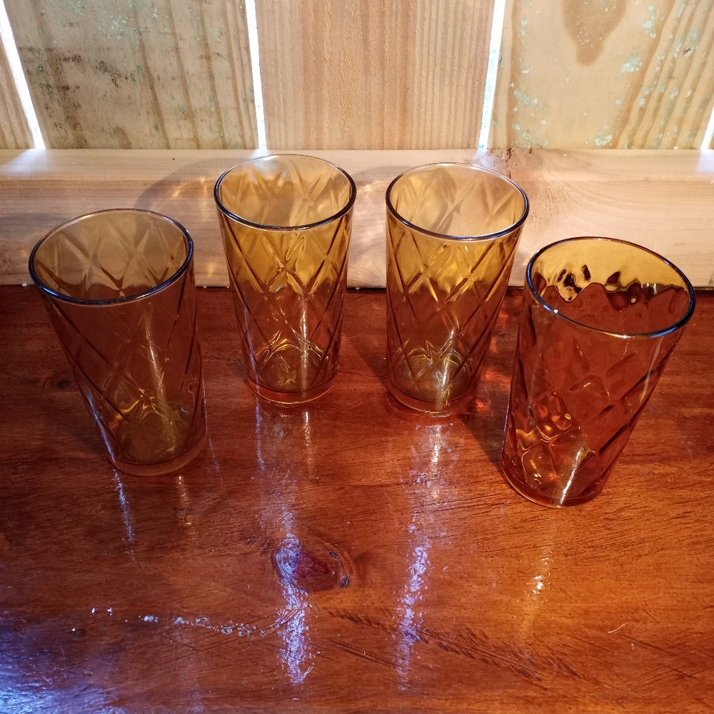 Hazel Atlas Glass Diamond Optic Gold 4 Juice Tumbler 5 1/4" T